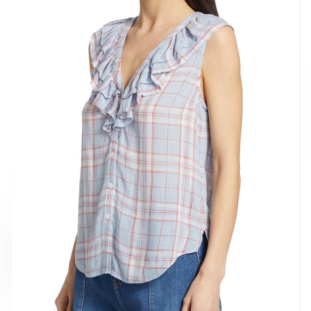 Veronica Beard NWT Size XS Leina Shirt in Vapor Multi, Sleeveless Ruffles Linen